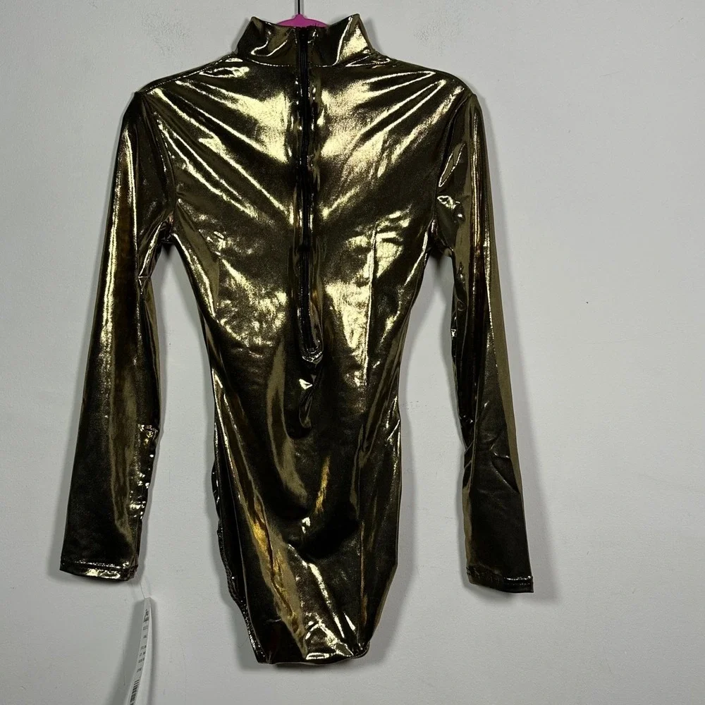Body Wrappers Metallic Gold Long Sleeve Mock Neck Leotard adult XS NWT‎